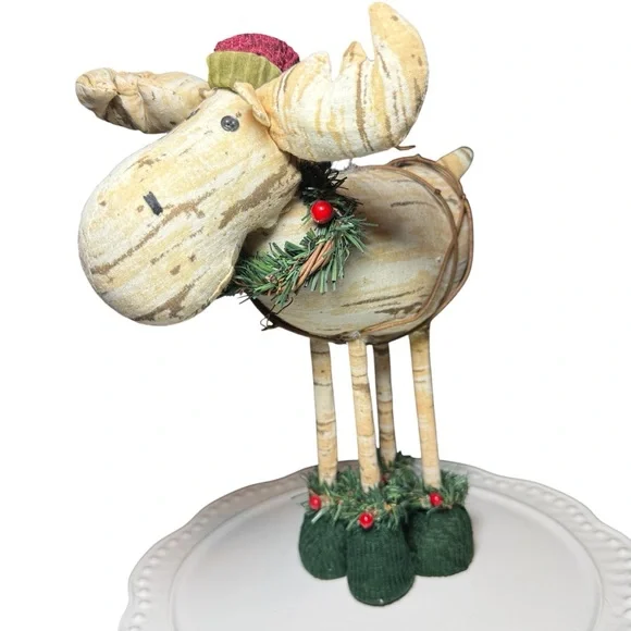 Plush Standing CHRISTMAS MOOSE, Rustic Wreath Winter Scarf Hat 12X10 Cottagecore - Picture 7 of 10